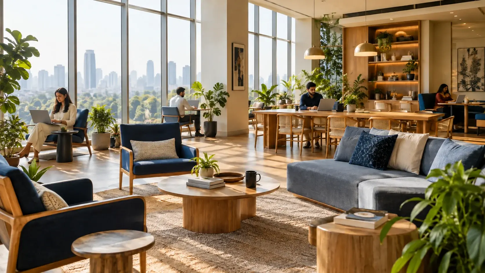 Illustration of a bright coworking lounge with blue seating