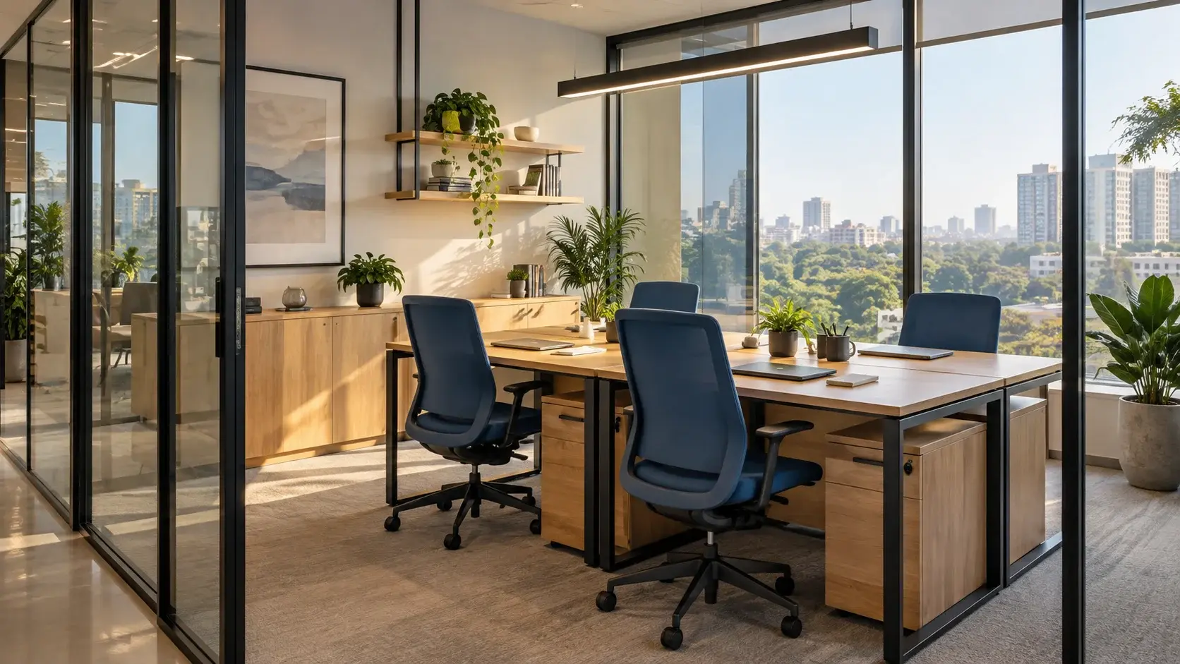 Illustration of a private glass office with navy chairs